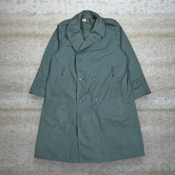 Vintage Military Trench Coat Button Up Green Wool 42S 90s